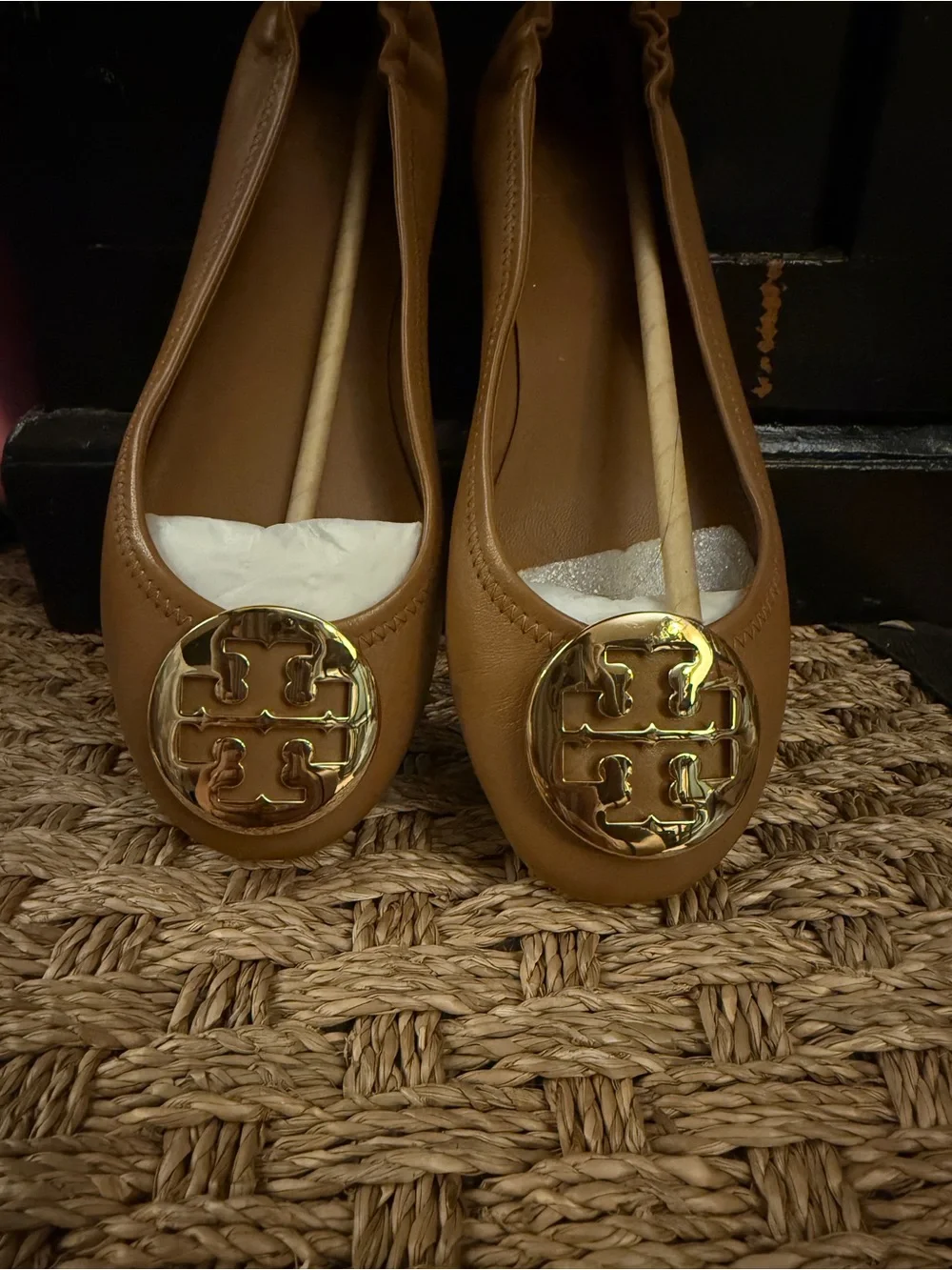 Tory Burch Tan Leather Ballet Flats with Gold Logo